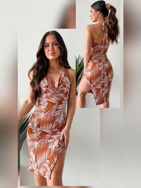 Tropical Tie-Back Halter Dress in Rust & White